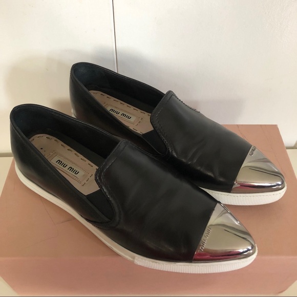 Miu Miu Metal Cap Black Leather Slip-On Sneakers